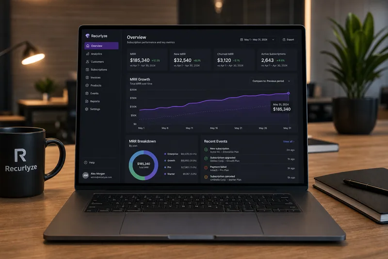 Interface de dashboard SaaS com métricas de assinatura